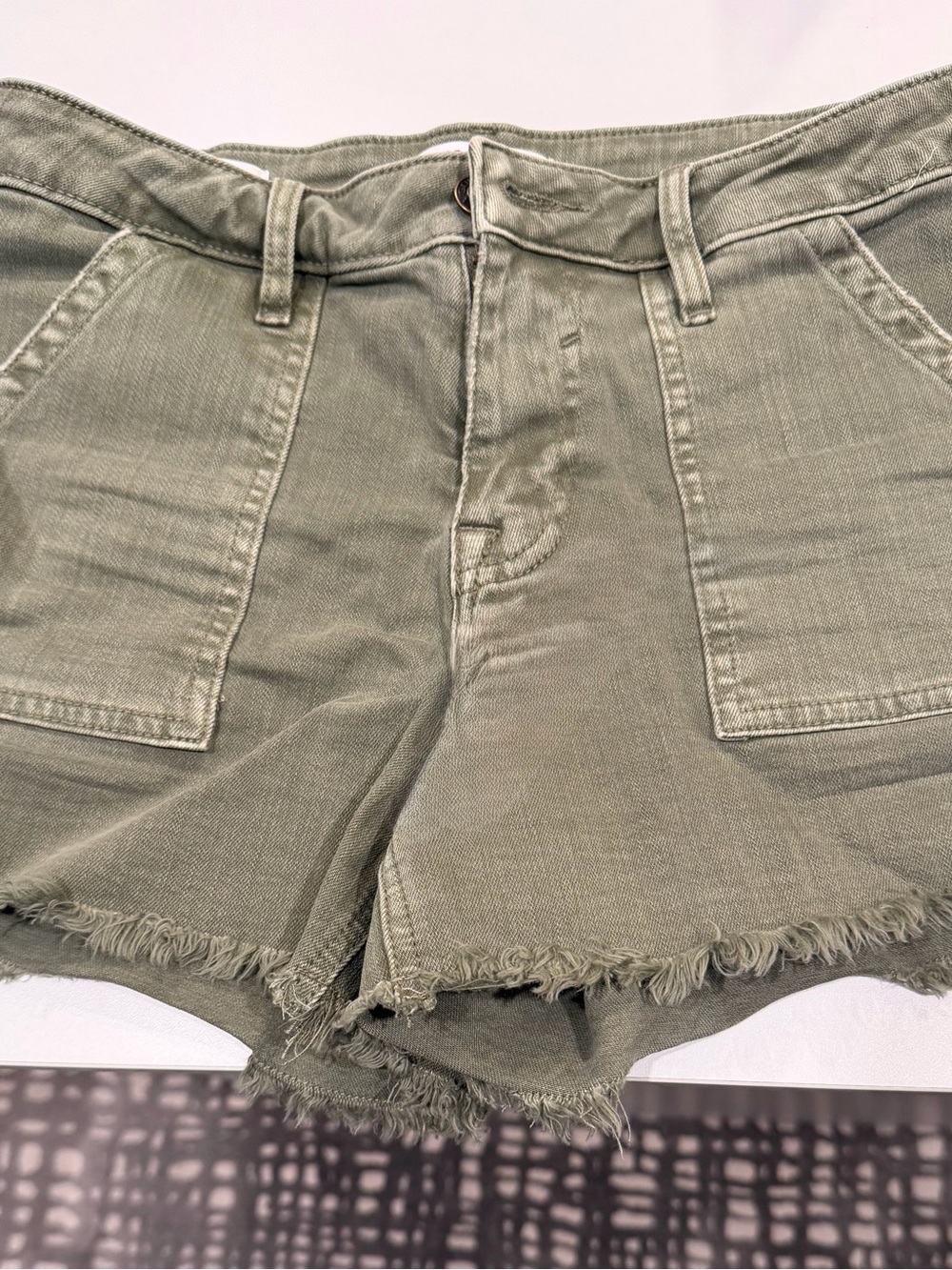 Vigoss Olive Green Frayed Hem Denim Shorts